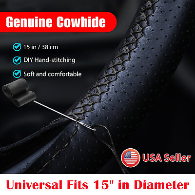 #ad Genuine Leather DIY Car Steering Wheel Cover Anti slip For 15quot; 38 cm Black US