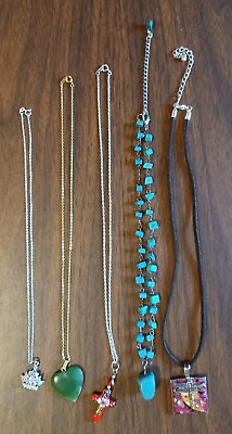 #ad VTG to Now Fashion Lot of 5 Necklaces w Pendants Crown Cross Heart Dragonfly