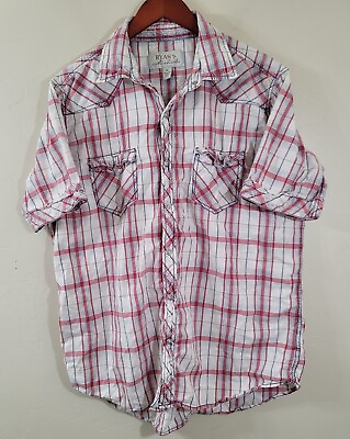 Ryan Michael Men#x27;s Pearl Snap Shirt XL Short Sleeve Plaid Western Red White