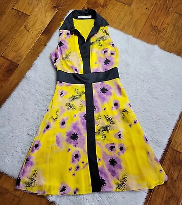 #ad Karen Millen Silk Dress Mod Retro Yellow Black Purple Abstract Floral READ 2 4