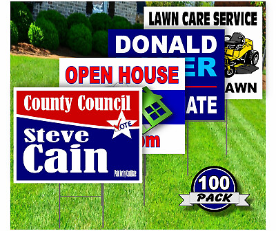 100 Pack Custom Yard Signs 18x24 Full Color Design Double Sided Stakes Optional