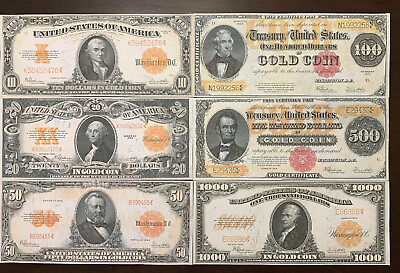 Reproduction Set 1922 Gold Certificates $10 $1000 USA Currency Copies Set of 6