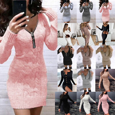 #ad Womens Knit Bodycon Jumper Dress Ladies Long Sleeve Pullover Sweater Mini Dress
