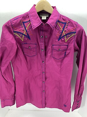 #ad Ariat Pearl Snap Shirt Women Medium Pink Embroidered Long Sleeve Western Fitted