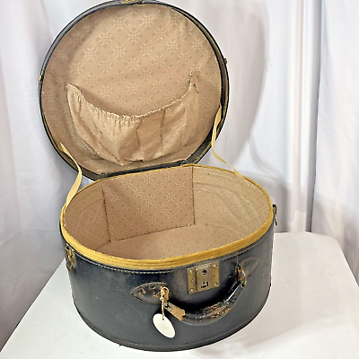 #ad Large Antique 1930s Hat Box Round Black Luggage Case Trunk Art Deco Broken Lock