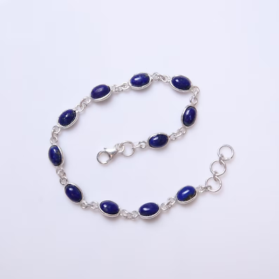 #ad Natural Blue Lazuli Lapis Oval Gemstone Pure 925 Silver Handmade Tennis Bracelet