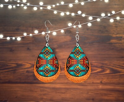 #ad Orange and Turquoise Tribal Wood Tear Drop Printed Earrings Jewelry Western