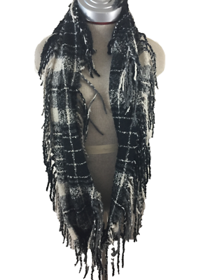 #ad Macchia di Ruggine Infinity scarf 33 x 13 long neck black plaid fringe soft