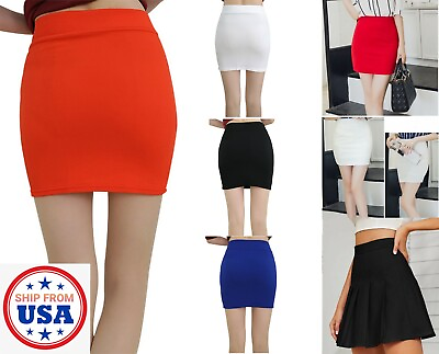 Women Basic Mid Waist Pencil Bodycon Mini Skirt Pleated Stretch Office Dress