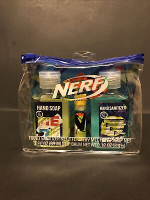 #ad 3 Pc NERF Kids Hygiene Travel Bag Set Hand Soap Lip Balm Lemon Lime Backpack Kit