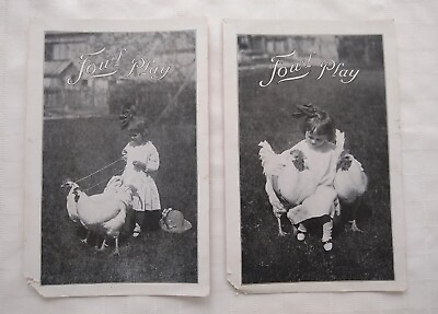 Fowl Play Set of 2 Printed Photos of Girl with Pet Chickens Antique Cards early