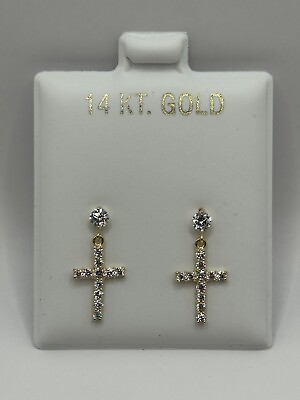 #ad 14K Solid Yellow Gold CZ Stud Dangling Cross Push Back Unisex Earrings