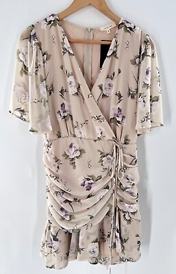 #ad NWT JUST ME Women#x27;s Medium Floral Taupe Dress Ruched Draped Above Knee