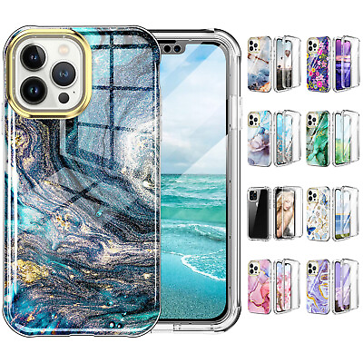 For iPhone 14 13 Pro Max 12 11 Marble Rugged Case Shockproof Full Screen Cover