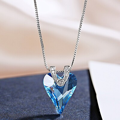 18K White Gold GF Made With Swarovski Crystal Aquamarine Peach Heart Necklace