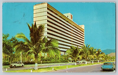#ad Postcard Mexico Acapulco Hotel Hilton Chrome Classic Cars Street View