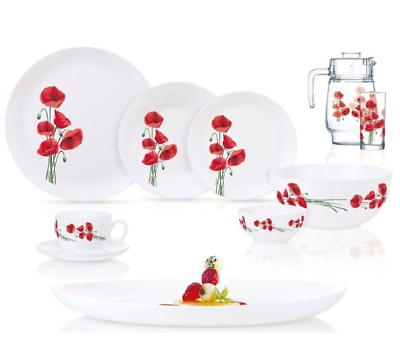 #ad 46pc Luminarc Diwali Hypnosis Tableware Set Tempered Glass Dinner Set Red Poppy