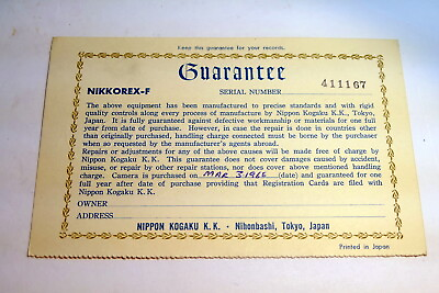 Nikon warranty card 1965 model Nikkorex F vintage