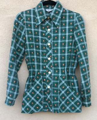 #ad Rhoda Lee Vintage 70s Elastic Waist Button Down Floral Plaid Shirt Jacket Med