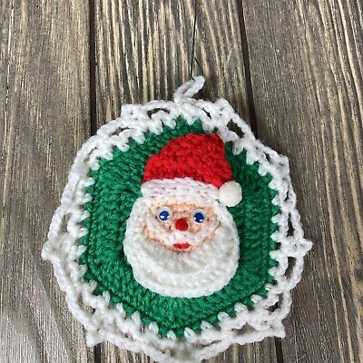 #ad Vintage Handmade Crochet Knit Santa Claus Head With White Green Border Ornament