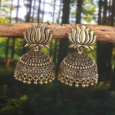 #ad Oxidized Gold Plated Lotus Stud Jhumka Jhumki Earrings Jewelry For women #zxv050