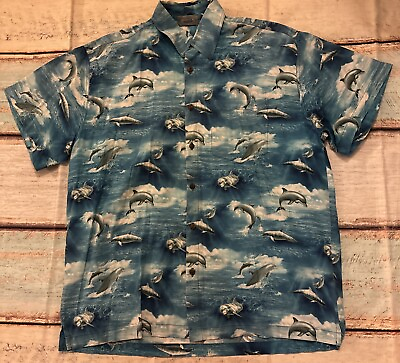 #ad High Seas Trading Co Hawaiian Shirt Men#x27;s Large Ocean Dolphins Cotton USA Made