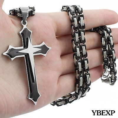 #ad 18 36#x27;#x27; Men Stainless Steel Cross Pendant Black Necklace Byzantine Box Necklace