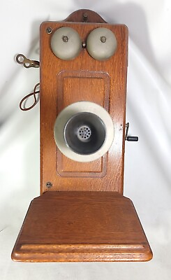 #ad Antique KELLOGG 1901 Wall Crank Telephone Cathedral Oak Wood READ NOTES