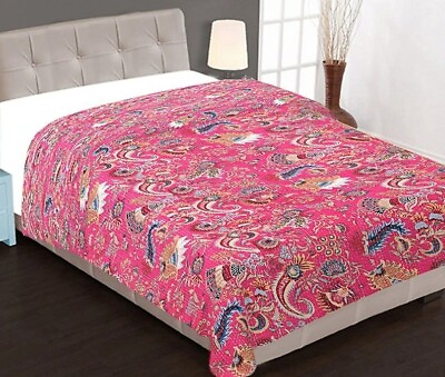 #ad Mukut Print Kantha Quilt Indian Cotton Bedspread Handmade Quilt Throw Blanket
