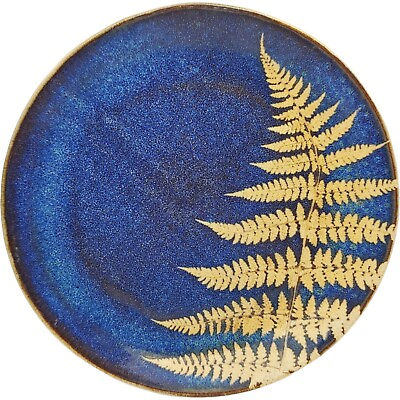 Kaleidoscope Handmade Pottery Dinner Plate 10quot; Blue Impressed Fern Leaf Signed