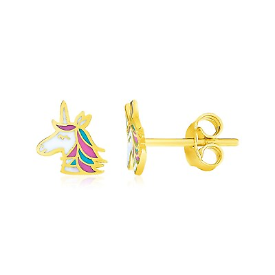#ad 14k Yellow Gold Enameled Unicorn Childrens Earrings