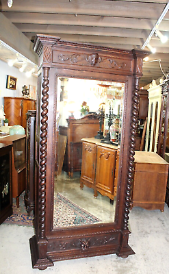 #ad French Antique Oak Wood Renaissance Style Mirrored 1 Door Armoire