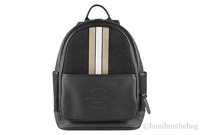 Coach C5389 Thompson Large Black Jacquard Canvas Varsity Stripe Backpack Bag