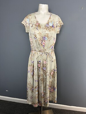 #ad Vintage 70s Womens S Beige Pastel Floral Bouquet Dress Polyester Easter Belted