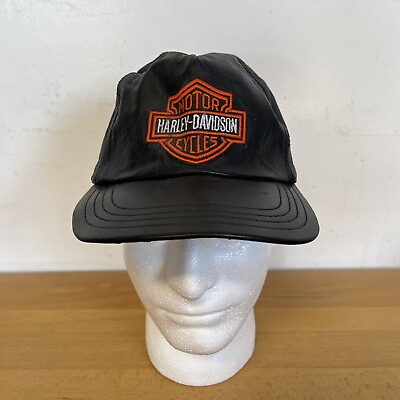 #ad Harley Davidson Vintage Black Leather Baseball Hat One Size MADE IN USA