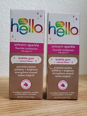 2 Pack Hello Kids Unicorn Sparkle Toothpaste Bubble Gum Flavor 4.2 oz Exp 10 24