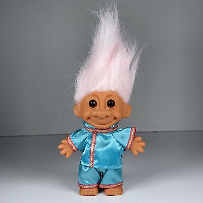 #ad Russ Troll Doll Aqua Blue Satiny Outfit Light Pink Hair Pretend Play Toy Figure