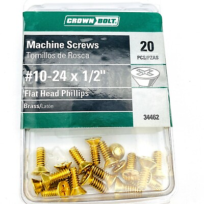 CrownBolt 34462 Brass Machine Screws #10 24 x 1 2quot; Flat Head Phillips 20 pcs