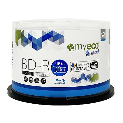 50 Myeco 10X BD R 25GB Blu ray White Inkjet Hub Printable Blank Recordable Disc