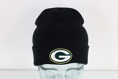 #ad Vintage 90s Reebok Green Bay Packers Football Winter Knit Beanie Hat Cap Black