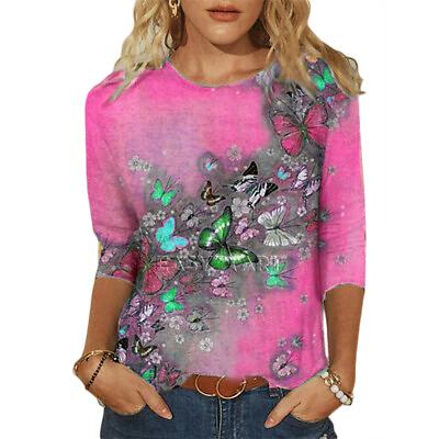 #ad Women 3 4 Sleeve Floral Print Pullover T shirt Top Casual Loose Crew Neck Blouse