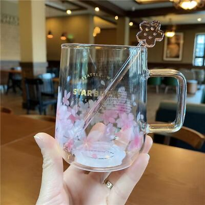 #ad #ad New Starbucks Pink Sakura Color changing Glass Coffee Mug Cup Flower Stick