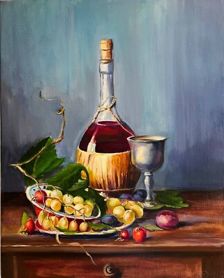 #ad ORIGINAL PAINTING Still Life Grape With Red Wine 16x20 inches Kitchen Decor
