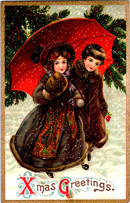#ad #ad Christmas Victorian Children Snow Red Umbrella vintage postcard
