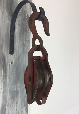 #ad Antique Solid Cast Iron Double Wheel Pulley With Hook Vintage Decoration ￼