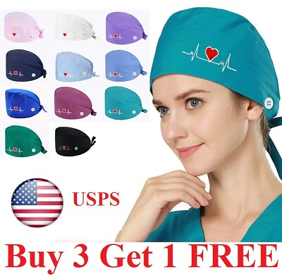 #ad Surgical Scrub Cap Doctor Nurse Kitchen Cotton Hat with Sweatband Adjustable US