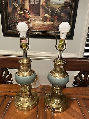 VINTAGE Alsy Table Lamp Pair MCM Brass Ceramic Neoclassical Green With Leviton