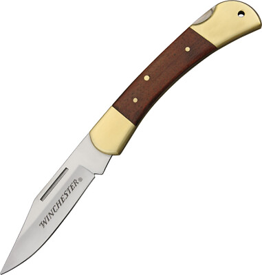 Winchester Folding Hunter Lockback Brown Wood Handle Brass Bolsters Knife 41322
