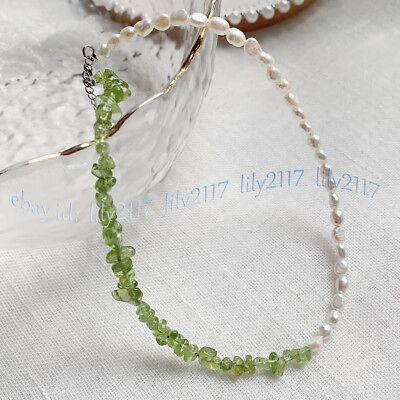 #ad Baroque Natural Freshwater Pearl Irregular Green Prehnite Freeform Gems Necklace