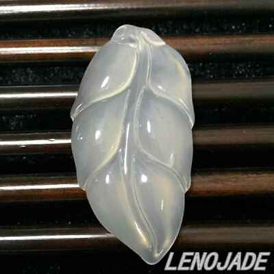 #ad Chinese Vintage Icy Translucent White Jade Jadeite Hand carved Leaf Pendant 100%